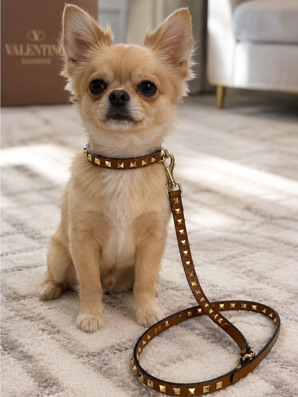 Valentino Garavani Rockstud Leather Dog Collar & Leash Set